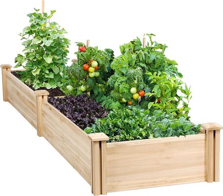 %%Yaheetech Wooden Horticulture Raised Garden Bed (1)%%, Donated by Jessica Kipka; Brand new in box; Size 8 feet x 2 feet; Natural wood; Separated into two growing areas but the baffle can be removed to form a bigger growing area; Easy and quick to put together; Accessories and instructions included.