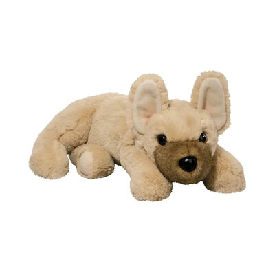 %%Douglas Cuddle Toy%%, Keene, NH; Pierre French Bulldog; Dimensions: 14 x 14 x 6 inches; With his snuggly reclining pose and ultra soft materials, our adorable plush Frenchie dog will be a welcome cuddle time companion. His large, rounded ears and realistic fawn colored coat will meet with approval from fans of the breed. Delicate pink airbrushing in his ears brings a blush of realism to his appearance, while amber colored eyes create his puppyish expression. https://douglascuddletoy.com/