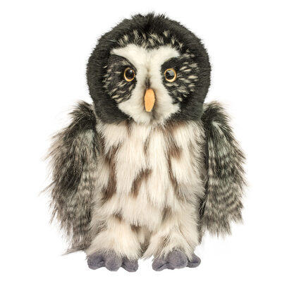 %%Douglas Cuddle Toy%%, Keene, NH; Darius Great Gray Owl; Dimensions: 7 x 6 x 10 inches; Ages 24 months+; Decked out in mottled gray plumage; Like real-life counterparts, Darius features a rounded head with no ear tuffs and a bright, yellow beak; Assortment of different lengths of soft faux fabrics give a feathery appearance; Luminous, golden eyes. https://douglascuddletoy.com/