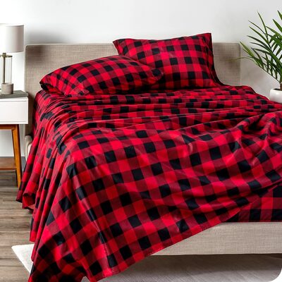 %%Bare Home Cotton Flannel Sheet Set%%, Donated by the White Family; Brand new in packaging; Size: King; Buffalo Plaid Red/Black; 100% Cotton Flannel; Double brushed for softness: Fitted sheet is fully elasticized to prevent slipping; Wrinkle resistant; Easy to care for and dries quickly.