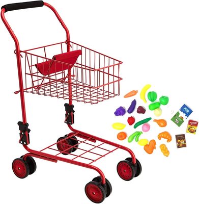 %%New York Doll Collection Shopping Cart%%, Donated by the Boudreau family; Brand new in box; Ages 3-7; Dimensions: 20 x 10 x 25 inches; Item Weight: 3.59 pounds; Includes plastic food; Folds for easy storage; Sturdy red metal frame.