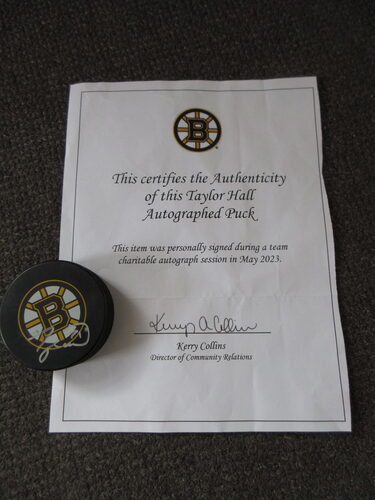 %%Autographed Hockey Puck%%, Donated by the Boston Bruins, Boston, MA; Signed by Bruins player Taylor Hall; Value is an estimate since this item is priceless; Would make a great gift for the Bruins fan in your life! Comes with certificate of authenticity. http://bruins.nhl.com/