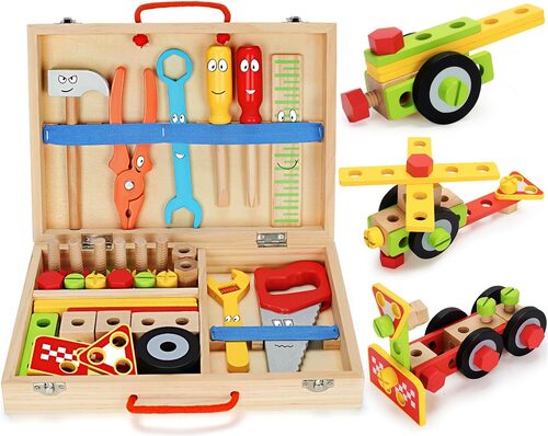 %%WEMEMORN 43 Piece Tool Box Kit for Kids%%, Donated by the Morgan/Long family; Brand new in box; Ages 3-6; Made of premium sold wood with non-toxic water-based paint and non-sharp edges; Includes portable wooden box, 2 x Wrench, 1 x Pliers, 1 x Hammer, 2 x Screwdriver, 1 x Saw, 1 x Ruler, 9 x Assembly Piece, 3 x Building Block, 4 x Wheel, 12 x Bolt, and 6 x Nut.
