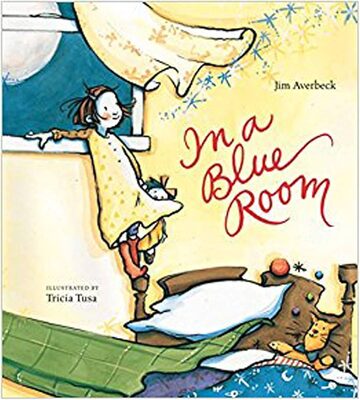 %%Autographed Copy of IN A BLUE ROOM%%, Donated by illustrator Tricia Tusa; Written by Jim Averbeck; Hardcover; Alice is wide, wide awake. Mama brings flowers, tea, a quilt, even lullaby bells to help her sleep. But none of these things are blue, and Alice can sleep only in a blue room. Yet when the light goes out, a bit of magic is stirred up. Pale blue moonlight swirls into her bedroom window. Then the night swirls out, around the moon and into the universe, leaving Alice fast asleep in a most celestial blue room. https://www.triciatusa.com/
