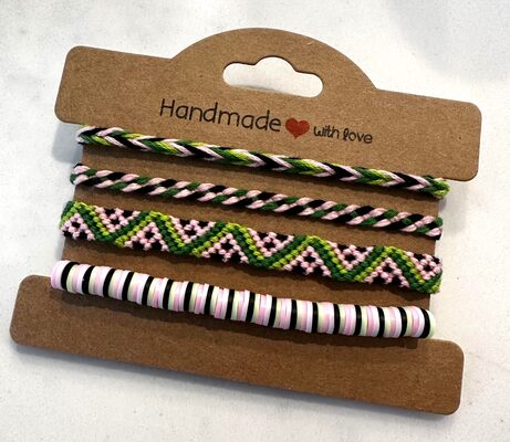 %%Set of 4 Specialty Bracelets (2)%%, Made and donated by Kristie Brown; Includes 3 embroidery floss bracelets and 1 elastic polymer clay bead bracelet; Watermelon bracelet is adjustable (easy take on and off) while other 2 embroidery floss bracelets are tie on style. Set fits wrists 5.5 to 7.5 inches.