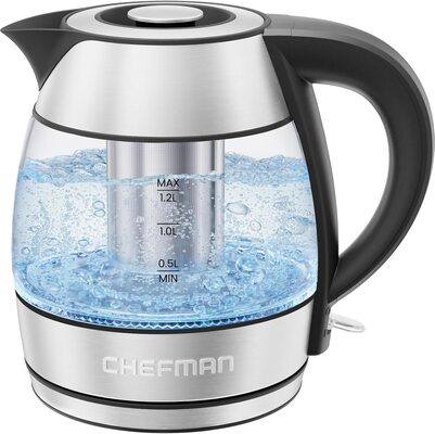%%CHEFMAN Electric Kettle%%, Anonymous donation; Brand new in box; Capacity: 1.2 liters; Voltage: 120; Material: Borosilicate Glass; Wattage: 1500 watts; Boil your water in as little as 3 minutes for tea, hot chocolate, pour-over coffee, and other hot beverage; Blue LED lights illuminate when water starts to heat and shut off when water reaches boil; Steep loose-leaf tea; Safety shutoff; Easy grip; Removable lid.