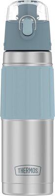 %%Thermos Stainless Steel Vacuum Insulated Water Bottle%%, Donated by Cathie Breau; Brand new/never used; 18 oz. capacity; Stainless steel interior and exterior; Keeps 14 hours cold; Stays sweat proof with cold beverages; Push button lid with locking ring secures beverages when closed; Rapid flow spout; Silicone sleeve is easy to grip.