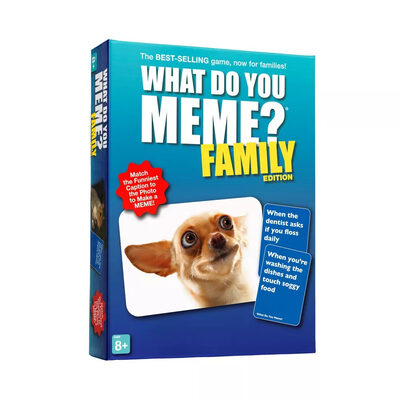 %%What Do You Meme? Family Edition Card Game%%, Donation by the Morgan/Long Family; Brand new; This family game is designed for ages 8+ and is encouraged to be played with 3+ players; Compete with your friends and family to create the funniest memes; Do this by using one of your dealt caption cards to caption the photo card in each round; Contains 300 caption cards, 65 photo cards, and instructions.