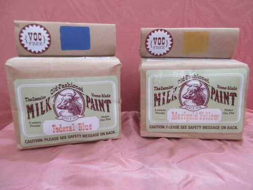 %%Shaker Style Furnishings (1)%%, Harrisville, NH; Two 6-ounce Bags Genuine Old-Fashioned Milk Paint; Each bag makes 1 pint paint; Colors: Federal Blue and Marigold Yellow; Colors will not fade; Environmentally safe and non-toxic when dry; Instructions for use on bags; New Hampshire Master Craftsman Stephen C. Barlow has been a New England furniture maker since 1989 and supports sustainable forestry and never uses formaldehyde in the crafting or finishing of handmade furniture. http://www.shakerstyle.com/