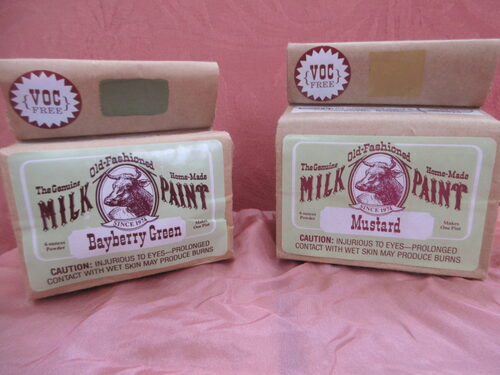 %%Shaker Style Furnishings (3)%%, Harrisville, NH; Two 6-ounce Bags Genuine Old-Fashioned Milk Paint; Each bag makes 1 pint paint; Colors: Bayberry Green and Mustard; Colors will not fade; Environmentally safe and non-toxic when dry; Instructions for use on bags; New Hampshire Master Craftsman Stephen C. Barlow has been a New England furniture maker since 1989 and supports sustainable forestry and never uses formaldehyde in the crafting or finishing of handmade furniture. http://www.shakerstyle.com/