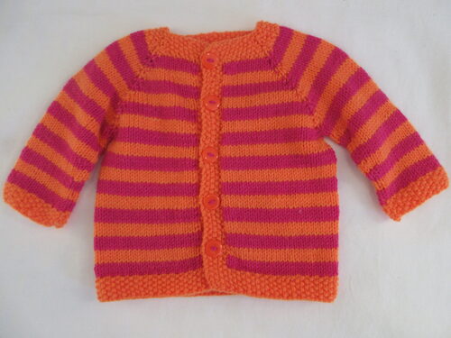 %%Handknit Infant Sweater%%, Made and donated by Anne Morris; Approximate size 6-9 months; Washable DK weight yarn; 75% acrylic and 25% wool; Magenta and orange with orange buttons.