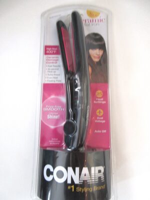 %%CONAIR 3/4 Inch Ceramic Flat Iron%%, Donated by Cathie Breau; Brand new in packaging; 40 Watt; Adjustable Heat Settings; Auto Shut-Off; Dual Voltage; All hair types; Maximum Temperature: 400 degrees.