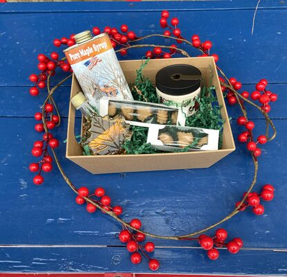 %%Grand Monadnock Maple Farm Gift Basket%%, Donated by Cathie Breau; Includes: 1 maple cream, 2 boxes maple candies, 1 four-ounce glass bottle maple syrup; 1 half-pint tin maple syrup; Grand Monadnock Maple Farm specializes in quality maple products right here in Harrisville, NH. https://www.monadnockmaple.com/; jon@monadnockmaple.com