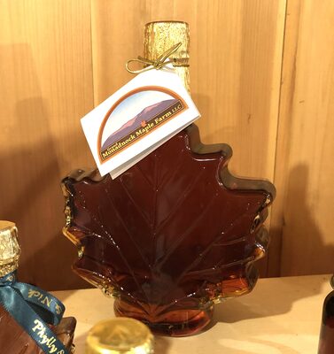 %%Grand Monadnock Maple Farm%%, Harrisville, NH; 100% Pure NH Maple Syrup; One 750 mL glass maple leaf bottle; Grand Monadnock Maple Farm specializes in quality maple products right here in Harrisville, NH. https://www.monadnockmaple.com/; jon@monadnockmaple.com