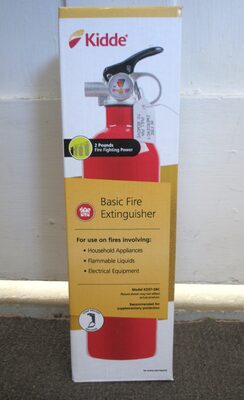 %%Kidde Basic Fire Extinguisher Model KD57-5BC (1)%%, Donated by Home Depot, Keene, NH; 2.35 pound one-time use fire extinguisher; BC rated to fight flammable liquid, gas and electrical fires; Ideal for use in residential homes and workshops; Clear instruction label utilizes graphics to show steps required to operate extinguisher. https://www.homedepot.com/