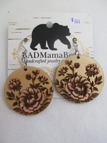 %% Handmade Earrings%%, Made and donated by Jess Clay, BADMamaBear; Woodburn Earrings; Approximate diameter 1.25-1.5 inches. https://www.badmamabear.com/
