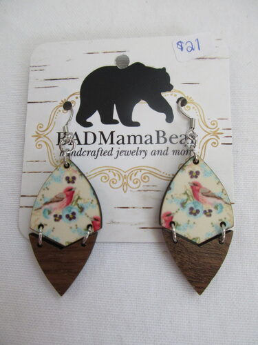 %%Handmade Earrings%%, Made and donated by Jess Clay, BADMamaBear; Bird/Flower print; Drop length 2.25 inches. https://www.badmamabear.com/