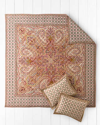 %%Umbria Paisley Quilt with 2 Standard Size Shams%%, Donated by Garnet Hill; Style number 41901; Color: Warm/Multi; Size: Double/Queen; Hand-quilted with a diamond pattern; Shams have an envelope closure and are finished with a flange border; 100% cotton, including the fill; Machine wash; Since it was founded in 1976, Garnet Hill has been driven by the belief that goodness lives in every fiber of who we are. https://www.garnethill.com/