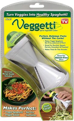 %%Veggetti Spiral Vegetable Slicer%%, Anonymous Donation; Brand new in box; Turns veggies into healthy spaghetti instantly; Perfect, delicious pasta without the carbs; Versatile kitchen tool makes veggie spaghetti, stir-fries, juliennes and more; Great for zucchini, squash, carrots, cucumbers and potatoes; Spiral slicer has dual stainless-steel cutting blades for thick or thin pasta strands.