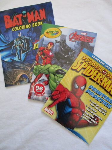 %%Set of 3 Activity/Coloring Books%%, Anonymous donation; Brand new; Includes: Crayola Marvel Avengers Coloring Book, Limon Tree Bat Man Coloring Book, and Marvel Spider-Man Learning Workbook Printing Practice.