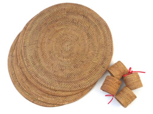 %%Set of 4 Hancock Baskets Bali Chargers and Napkin Rings%%, Anonymous Donation; New; Bali Chargers: This attractive flat placemat shows off your table beautifully. Handy size for condiments and hot plates. Handwoven in a fine coiled weave and smoked to a golden brown patina. 12" Diameter; Bali Napkin Rings: Hand woven, napkin rings look very handsome holding your napkins at the table. Comes in a set of four. 2" Diameter. https://hancockbaskets.com/