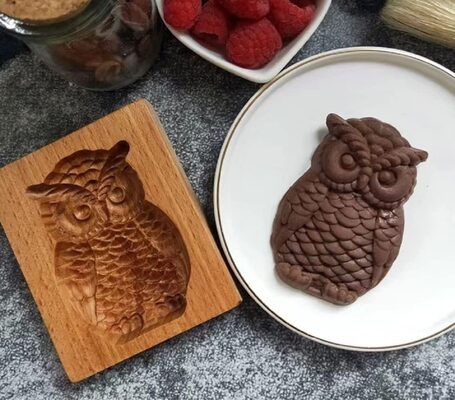 %%Wooden Owl Cookie Mold (1)%%, Donated by the Cornell family; Brand new; Beech Wood; 3.94 x 3.15 x 0.79 inches; Surface is smooth, durable and reusable.