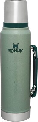 %%Stanley Classic Vacuum Insulated Wide Mouth Bottle%%, Donated by Janet McEwen; Brand new; Size: 1 liter; Color: Hammertone Green; 18/8 Stainless Steel; BPA-Free; Double-wall vacuum insulation; Insulated lid doubles as cup; Leakproof; Packable; Keeps liquids hot or cold for up to 24 hours.
