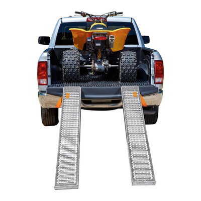 %%Set of 2 HAUL-MASTER 1000 lb. Capacity, 9 in. x 72 in. Steel Loading Ramps%%, Donated by Amanda and Zach Allen; New in box; Roll your dirt bikes, ATVs, and appliances right into your truck bed with these sturdy loading ramps. Perfect for trucks, vans, and trailers. These loading ramps eliminate the risk of injury from lifting heavy objects and are much safer than using make-shift plank ramps. Heavy duty 14 gauge formed steel construction. Perforated ladder-style tread provides better traction. Angle brackets for secure placement on truck beds. Galvanized to resist rust.