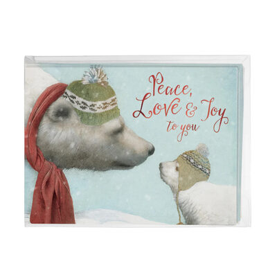 %%Peace Love Joy Holiday 12-Pack%%, Donated by Tree Free Greetings, Keene, NH; This set comes with 12 - 5" x 7" greeting cards with matching ARTvelopes (fully printed matching envelope); Printing powered by solar energy; 100% Post-consumer recycled. Click on large version to see interior. https://www.tree-free.com/