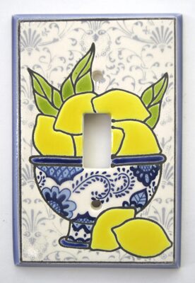 %%Single Light Switch Cover Plate (1)%%, Donated by Brick House Tile Co., Keene, NH; Lemons; Located in a brick house built in 1860, Brick House Tile Co. has seven showrooms of ceramic, porcelain, and natural stone tile displayed in a farm house setting complete with a barn where the manufacturing of Cider Press Tile takes place. The staff at Brick House is trained to assist in both the designing of your dream project and the installation processes involved, ensuring that you are satisfied with your tile for years to come. https://www.brickhousetiles.com/