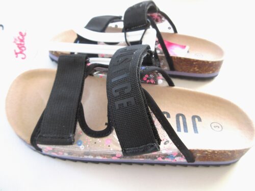 %%Justice Sandals%%, Anonymous Donation; New with tags; Size 3; Velcro straps; Clear plastic sides with pink, black, white and blue sequins.